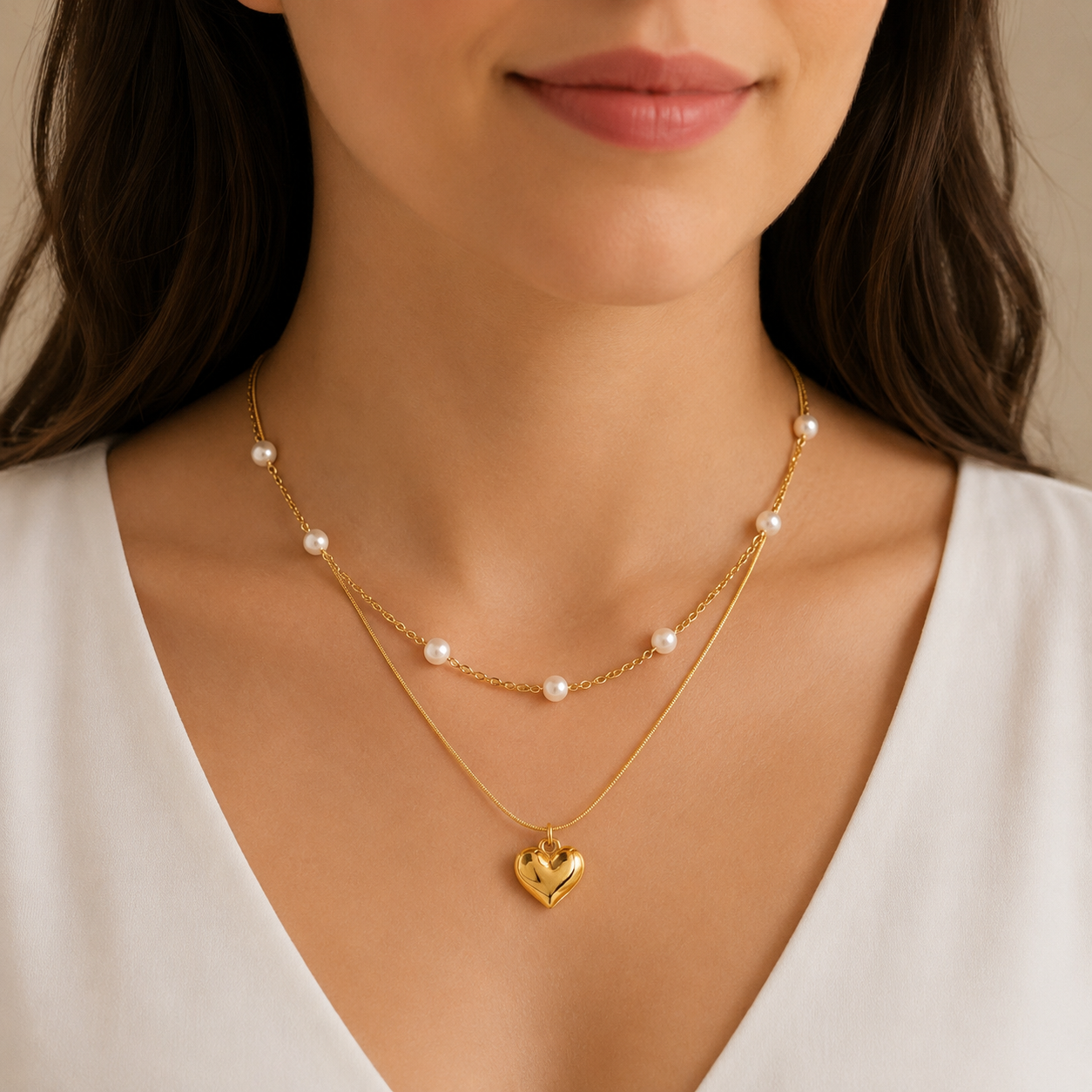 Double Layerd Pearl Heart Necklace