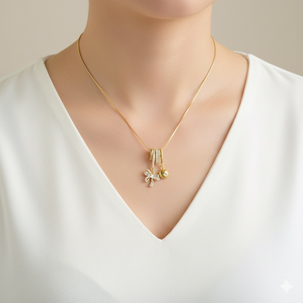 Mini Diamond Bow Vibrant Charm Necklace Premium 18k Gold Plated Collection